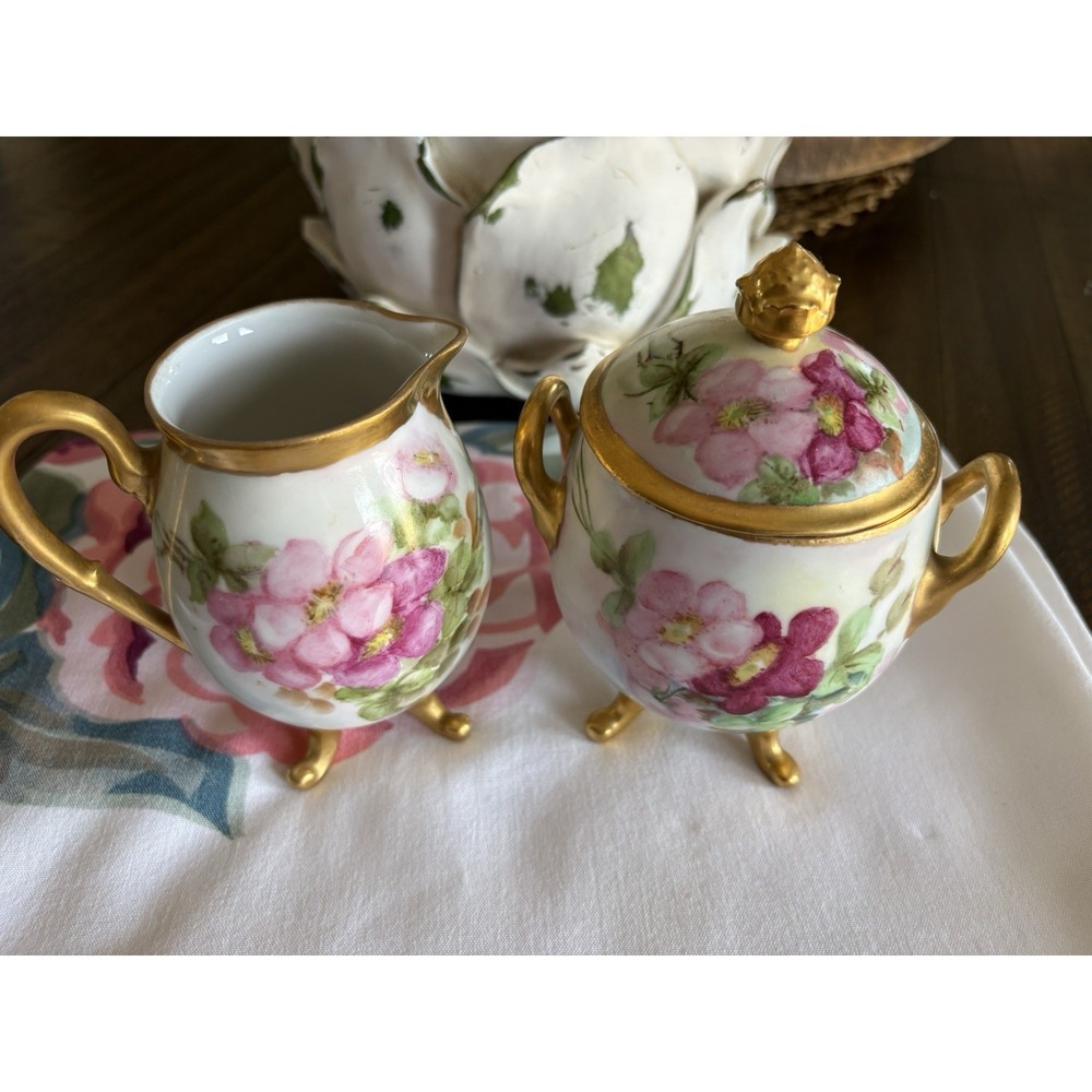 VTG Signed UNO Favorite Bavaria Hand Painted Sugar Creamer Rose Floral Gold Trim